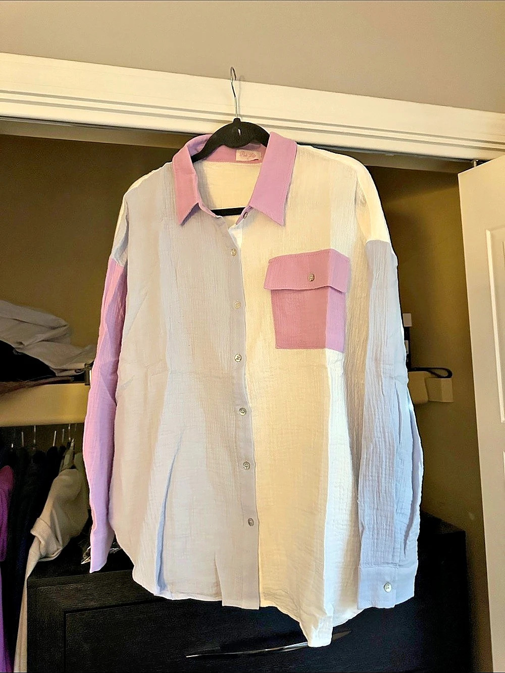 Pink Lily Color Block Button Down Shirt
